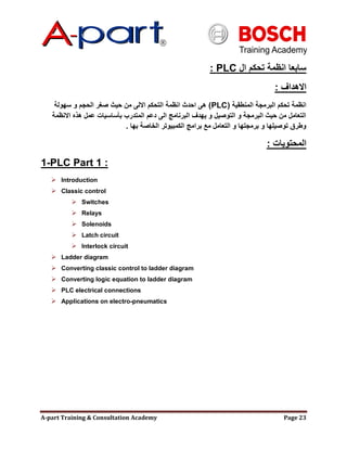 A-part Training & Consultation Academy Page 23
‫ال‬ ‫تحكم‬ ‫انظمة‬ ‫سابعا‬PLC:
‫االهداف‬:
‫المنطقية‬ ‫البرمجة‬ ‫تحكم‬ ‫انظمة‬(PLC)‫سهولة‬ ‫و‬ ‫الحجم‬ ‫صغر‬ ‫حيث‬ ‫من‬ ‫االلى‬ ‫التحكم‬ ‫انظمة‬ ‫احدث‬ ‫هى‬
‫االنظمة‬ ‫هذه‬ ‫عمل‬ ‫بؤساسيات‬ ‫المتدرب‬ ‫دعم‬ ‫الى‬ ‫البرنامج‬ ‫يهدف‬ ‫و‬ ‫التوصيل‬ ‫و‬ ‫البرمجة‬ ‫حيث‬ ‫من‬ ‫التعامل‬
‫بها‬ ‫الخاصة‬ ‫الكمبيوتر‬ ‫برامج‬ ‫مع‬ ‫التعامل‬ ‫و‬ ‫برمجتها‬ ‫و‬ ‫توصيلها‬ ‫وطرق‬.
‫المحتويات‬:
1-PLC Part 1 :
 Introduction
 Classic control
 Switches
 Relays
 Solenoids
 Latch circuit
 Interlock circuit
 Ladder diagram
 Converting classic control to ladder diagram
 Converting logic equation to ladder diagram
 PLC electrical connections
 Applications on electro-pneumatics
 
