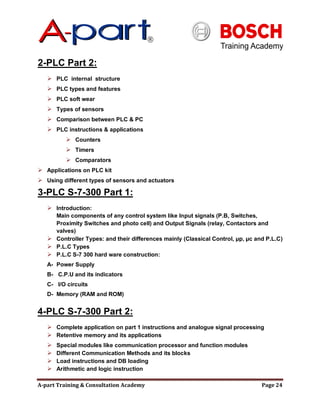 A-part Training & Consultation Academy Page 24
2-PLC Part 2:
 PLC internal structure
 PLC types and features
 PLC soft wear
 Types of sensors
 Comparison between PLC & PC
 PLC instructions & applications
 Counters
 Timers
 Comparators
 Applications on PLC kit
 Using different types of sensors and actuators
3-PLC S-7-300 Part 1:
 Introduction:
Main components of any control system like Input signals (P.B, Switches,
Proximity Switches and photo cell) and Output Signals (relay, Contactors and
valves)
 Controller Types: and their differences mainly (Classical Control, µp, µc and P.L.C)
 P.L.C Types
 P.L.C S-7 300 hard ware construction:
A- Power Supply
B- C.P.U and its indicators
C- I/O circuits
D- Memory (RAM and ROM)
4-PLC S-7-300 Part 2:
 Complete application on part 1 instructions and analogue signal processing
 Retentive memory and its applications
 Special modules like communication processor and function modules
 Different Communication Methods and its blocks
 Load instructions and DB loading
 Arithmetic and logic instruction
 