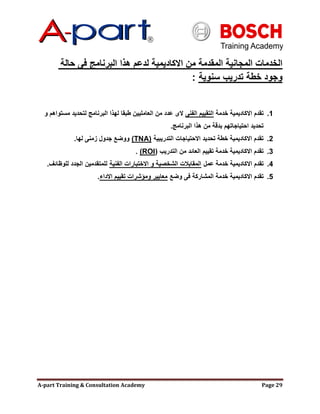 A-part Training & Consultation Academy Page 29
‫حالة‬ ‫فى‬ ‫البرنامج‬ ‫هذا‬ ‫لدعم‬ ‫االكاديمية‬ ‫من‬ ‫المقدمة‬ ‫المجانية‬ ‫الخدمات‬
‫سنوية‬ ‫تدريب‬ ‫خطة‬ ‫وجود‬:
1.‫خدمة‬ ‫االكاديمية‬ ‫تقدم‬‫الفنى‬ ‫التقييم‬‫و‬ ‫مستواهم‬ ‫لتحديد‬ ‫البرنامج‬ ‫لهذا‬ ‫طبقا‬ ‫العامليين‬ ‫من‬ ‫عدد‬ ‫الى‬
‫البرنامج‬ ‫هذا‬ ‫من‬ ‫بدقة‬ ‫احتياجاتهم‬ ‫تحديد‬.
2.‫التدريبية‬ ‫االحتياجات‬ ‫تحديد‬ ‫خطة‬ ‫االكاديمية‬ ‫تقدم‬(TNA)‫لها‬ ‫زمنى‬ ‫جدول‬ ‫ووضع‬.
3.‫التدريب‬ ‫من‬ ‫العائد‬ ‫تقييم‬ ‫خدمة‬ ‫االكاديمية‬ ‫تقدم‬(ROI).
4.‫عمل‬ ‫خدمة‬ ‫االكاديمية‬ ‫تقدم‬‫الفنية‬ ‫االختبارات‬ ‫و‬ ‫الشخصية‬ ‫المقابالت‬‫للوظائف‬ ‫الجدد‬ ‫للمتقدمين‬.
5.‫وضع‬ ‫فى‬ ‫المشاركة‬ ‫خدمة‬ ‫االكاديمية‬ ‫تقدم‬‫االداء‬ ‫تقييم‬ ‫ومإشرات‬ ‫معايير‬.
 
