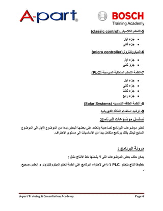 A-part Training & Consultation Academy Page 4
5-‫الكالسيكى‬ ‫التحكم‬(classic control)
‫اول‬ ‫جزء‬
‫ثانى‬ ‫جزء‬
6-‫الميكروكنترولر‬(micro controller)
‫اول‬ ‫جزء‬
‫ثانى‬ ‫جزإ‬
7-‫المبرمجة‬ ‫المنطقية‬ ‫التحكم‬ ‫انظمة‬(PLC)
‫اول‬ ‫جزء‬
‫ثانى‬ ‫جزء‬
‫ثالث‬ ‫جزء‬
‫رابع‬ ‫جزء‬
8-‫الشمسيه‬ ‫الطاقه‬ ‫أنظمة‬(Solar Systems)
9-‫الكهربائيه‬ ‫الطاقه‬ ‫استخدام‬ ‫ترشيد‬
‫البرنامج‬ ‫موضوعات‬ ‫تسلسل‬:
‫الموضوع‬ ‫الى‬ ‫االول‬ ‫الموضوع‬ ‫من‬ ‫بدءا‬ ‫البعض‬ ‫بعضها‬ ‫على‬ ‫وتعتمد‬ ‫تصاعدية‬ ‫البرنامج‬ ‫موضوعات‬ ‫تعتبر‬
‫االحتراف‬ ‫مستوى‬ ‫الى‬ ‫االساسيات‬ ‫من‬ ‫يبدأ‬ ‫متكامل‬ ‫برنامج‬ ‫بذلك‬ ‫ليمثل‬ ‫السابع‬.
‫البرنامج‬ ‫مرونة‬:
‫مثال‬ ‫االنتاج‬ ‫خط‬ ‫يشملها‬ ‫ال‬ ‫التى‬ ‫الموضوعات‬ ‫بعض‬ ‫حذف‬ ‫يمكن‬:
‫بتحكم‬ ‫انتاج‬ ‫خطوط‬PLC‫صحيح‬ ‫العكس‬ ‫و‬ ‫الميكروكنترولر‬ ‫تحكم‬ ‫انظمة‬ ‫على‬ ‫البرنامج‬ ‫الحتواء‬ ‫داعى‬ ‫ال‬
.
 