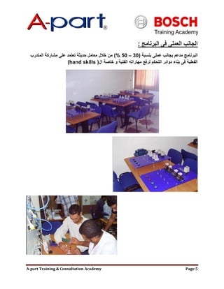 A-part Training & Consultation Academy Page 5
‫البرنامج‬ ‫فى‬ ‫العملى‬ ‫الجانب‬:
‫بنسبة‬ ‫عملى‬ ‫بجانب‬ ‫مدعم‬ ‫البرنامج‬(30–50%)‫المتدرب‬ ‫مشاركة‬ ‫على‬ ‫تعتمد‬ ‫حديثة‬ ‫معامل‬ ‫خالل‬ ‫من‬
‫ال‬ ‫خاصة‬ ‫و‬ ‫الفنية‬ ‫مهاراته‬ ‫لرفع‬ ‫التحكم‬ ‫دوائر‬ ‫بناء‬ ‫فى‬ ‫الفعلية‬(hand skills)
 