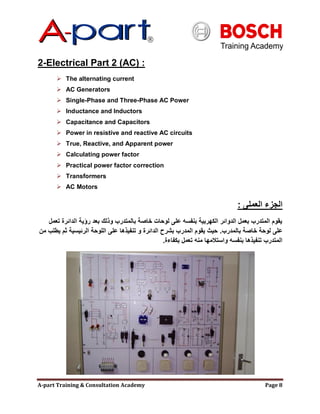 A-part Training & Consultation Academy Page 8
2-Electrical Part 2 (AC) :
 The alternating current
 AC Generators
 Single-Phase and Three-Phase AC Power
 Inductance and Inductors
 Capacitance and Capacitors
 Power in resistive and reactive AC circuits
 True, Reactive, and Apparent power
 Calculating power factor
 Practical power factor correction
 Transformers
 AC Motors
‫العملى‬ ‫الجزء‬:
‫تعمل‬ ‫الدائرة‬ ‫رإية‬ ‫بعد‬ ‫وذلك‬ ‫بالمتدرب‬ ‫خاصة‬ ‫لوحات‬ ‫على‬ ‫بنفسه‬ ‫الكهربية‬ ‫الدوائر‬ ‫بعمل‬ ‫المتدرب‬ ‫يقوم‬
‫بالمدرب‬ ‫خاصة‬ ‫لوحة‬ ‫على‬.‫من‬ ‫يطلب‬ ‫ثم‬ ‫الرئيسية‬ ‫اللوحة‬ ‫على‬ ‫تنفيذها‬ ‫و‬ ‫الدائرة‬ ‫بشرح‬ ‫المدرب‬ ‫يقوم‬ ‫حيث‬
‫بكفاءة‬ ‫تعمل‬ ‫منه‬ ‫واستالمها‬ ‫بنفسه‬ ‫تنفيذها‬ ‫المتدرب‬.
 
