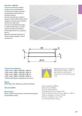 CoreView / BBS360
Luminaria de iluminación indirecta,
cuerpo en acero esmaltado blanco
con placa central metálica decorativa
microperforada y ópticas difusoras
laterales prismáticas.
Solución sustentable que minimiza la
potencia instalada de W/m; 20% de ahorro
energético comparado con los sistemas
fluorescentes tradicionales.
La luminaria esta diseñada para lograr
su rápido montaje. Posee un “puerta”
superior basculante para facilitar el
conexionado eléctrico en su respectiva
bornera.
Apta para iluminación de espacios de
oficinas, escuelas, hospitales, salas de
reuniones, etc.




Fuente de Luz/Potencia:                                                        Ejemplo de Layout con CoreView
1xLED module / 1500lm / 40W-220V (3.000 °K).                                   BBS360-40W/ 2500lm / 4000 ° K
1xLED module / 2500lm / 40W-220V (4.000 °K).                                   para iluminancia de 500LUX
1xLED module / 2000lm / 53W-220V (3.000 °K).                                   (equivalente a luminaria de 3x14w/
1xLED module / 3500lm / 53W-220V (4.000 °K).                                   TL5)
* fuente de alimentación incorporada en la luminaria.

Optica:
MFP-P (Metal “Face” Perforado con difusor Prismático).
                                                           Area considerada: 1000m2.
Vida útil: 50.000 h.                                       Altura de local: 2,80mts.
                                                           Plano de trabajo: 0.80mts.
Dimensiones:                                               Cantidad de luminarias Instaladas: 297.
597mm x 597mm (marco exterior, cielorraso Armstrong tipo   Grilla de distribución de luminarias: 1,80mts x 1,80mts.
Europeo) 85mm (altura).                                    Potencia instalada por luminaria: 39.3W.
                                                           Potencia instalada por m2: 11.6W.
                                                           Luminancia promedio: 534Lux.




                                                                                                                      107
 