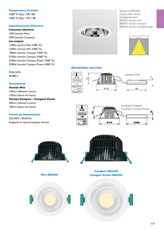 Temperatura de Color                                         Versión COMFORT,
3.000 °K (fijo) / CRI >80                                    incluye anillo central
4.000 °K (fijo) / CRI > 80                                   antideslumbrante.
                                                             BBS481/ version mini.
                                                             BBS491/ version compact.
Especificaciones Eléctricas                                  BBS495/ version compact power
Consumo eléctrico:                                           .
19W (versión Mini)
35W (versión Compact)
Lm output:
1100lm (versión Mini 3.000 °K).
1250lm (versión Mini 4.000 °K).
1900lm (versión Compact 3.000 °K).
2130lm (versión Compact 4.000 °K).
2500lm (versión Compact Power 3.000 °K).
2700lm (versión Compact Power 4.000 °K).

Vida Util
50.000 h

Dimensiones
Versión Mini
150mm (diámetro hueco).
130mm (altura de hueco).
Versión Compact / Compact Power
200mm (diámetro hueco).
160mm (altura de hueco).

Fuente de alimentación:
220-240 V / 50-60 Hz.
Integrada en caja portaequipo remoto.




                                             Compact-BBS490
                             Mini-BBS480   Compact Power-BBS494




                                                                                       117
 