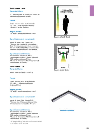 MINICENEFA / RGB
Rango de Colores

16.7 millones (24bit) de colores RGB aditivos, de
intensidad continuamente variable.

Fuente

Diodos emisores de luz de alta intensidad
DEL L-101 / 45 LEDs (longitud 305mm)
(15 rojos, 15 verdes, 15 azules)

Angulo del Haz
120° x 120°, lente de policarbonato cristal


Especificaciones de comunicación

Interfaz de datos: Color Kinetics-DMX
 * Control: línea completa de controladores
Color Kinetics u otros controladores compat-
ibles con el DMX512 (RS485), cuando se utiliza
suministro eléctrico/datos de Color Kinetics.

Especificaciones Eléctricas
Requerimientos energéticos: 24VDC
Consumo eléctrico: 18W a máxima intensidad
(RGB total) en módulo de 910mm
 * Fuente de alimentación: PDS-150e (máximo 8
luminarias RGB de 910mm)

MINICENEFA / iW
Rango de Blancos

3000°K (CRI=79) a 6500°K (CRI=73)


Fuente

Diodos emisores de luz de alta intensidad
DEL L-301 / 9 LEDs (longitud 305mm)
(6 cálidos, 3 fríos)

Angulo del Haz
120° x 120°, lente de policarbonato cristal


Especificaciones de comunicación

Interfaz de datos: Color Kinetics-DMX
 * Control: línea iW de controladores Color
Kinetics, incluído el controlador iW Scene



Especificaciones Eléctricas                              Módulo Esquinero
Requerimientos energéticos: 24VDC
Consumo eléctrico: 18W a máxima intensidad
(RGB total) en módulo de 910mm
 * Fuente de alimentación: PDS-150e (máximo 8
luminarias RGB de 910mm)
* Se deberán solicitar por separado (control y fuente)
no se incluyen con la luminaria


                                                                            135
 