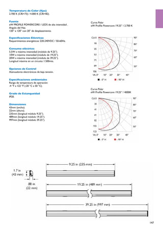 Temperatura de Color (fijas)
2.700 K (CRI=73) / 4.000 K (CRI=82).

Fuente                                              Curva Polar
eW PROFILE POWERCORE / LEDS de alta intensidad .    eW Profile Powercore 19.25” / 2.700 K
Angulo del Haz.
120° x 120° con 20° de desplazamiento.

Especificaciones Eléctricas
Requerimientos energéticos: 220-240VDC / 50-60Hz.

Consumo eléctrico:
5.5W a máxima intensidad (módulo de 9.25”).
10W a máxima intensidad (módulo de 19.25”).
20W a máxima intensidad (módulo de 39.25”).
Longitud máxima en un circuito: 1.500mts.

Opciones de Control
Atenuadores electrónicos de baja tensión.

Especificaciones ambientales
Rango de temperatura de operación:
-4 °F a 122 °F (-20 °C a 50 °C).
                                                    Curva Polar
Grado de Estanqueidad                               eW Profile Powercore 19.25” / 4000K
IP20.

Dimensiones
43mm (ancho).
22mm (altura).
235mm (longitud módulo 9.25”).
489mm (longitud módulo 19.25”).
997mm (longitud módulo 39.25”).




                                                                                            147
 