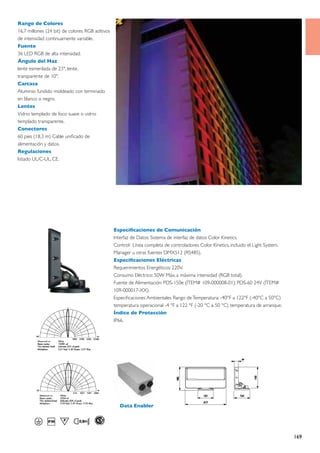 Rango de Colores
16,7 millones (24 bit) de colores RGB aditivos
de intensidad continuamente variable.
Fuente
36 LED RGB de alta intensidad.
Ángulo del Haz
lente esmerilada de 23°, lente.
transparente de 10°.
Carcasa
Aluminio fundido moldeado con terminado
en blanco o negro.
Lentes
Vidrio templado de foco suave o vidrio
templado transparente.
Conectores
60 pies (18,3 m) Cable unificado de
alimentación y datos.
Regulaciones
listado UL/C-UL, CE.




                                                 Especificaciones de Comunicación
                                                 Interfaz de Datos: Sistema de interfaz de datos Color Kinetics.
                                                 Control: Línea completa de controladores Color Kinetics, incluido el Light System.
                                                 Manager u otras fuentes DMX512 (RS485).
                                                 Especificaciones Eléctricas
                                                 Requerimientos Energéticos: 220v.
                                                 Consumo Eléctrico: 50W Máx, a máxima intensidad (RGB total).
                                                 Fuente de Alimentación: PDS-150e (ÍTEM# 109-000008-01); PDS-60 24V (ÍTEM#
                                                 109-000017-XX).
                                                 Especificaciones Ambientales Rango de Temperatura: -40°F a 122°F (-40°C a 50°C)
                                                 temperatura operacional -4 °F a 122 °F (-20 °C a 50 °C) temperatura de arranque.
                                                 Índice de Protección
                                                 IP66.




                                                    Data Enabler




                                                                                                                                      169
 