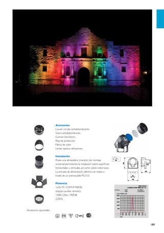 Accesorios
                        Louver circular antideslumbrante.
                        Visera antideslumbrante.
                        Cannon barndoors.
                        Reja de protección.
                        Filtros de color.
                        Lentes ópticos refractores.

                        Instalación
                        Posee una abrazadera (manijón) de montaje
                        universal permitiendo la instalación sobre superficies
                        horizontales y verticales, así como sobre cielorrasos.
                        La entrada de alimentación eléctrica se realiza a
                        través de un prensacable PG13.5.

                        Potencia
                        1x35-70 / CDM-R PAR30
                        (equipo auxiliar remoto).
                        1X80-120w / PAR38
                        (220V).



Accesorios opcionales




                                                                                 189
 