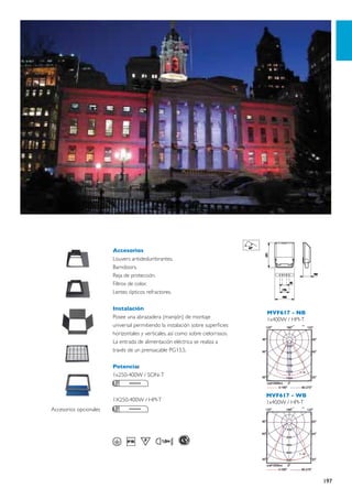 Accesorios
                        Louvers antideslumbrantes.
                        Barndoors.
                        Reja de protección.
                        Filtros de color.
                        Lentes ópticos refractores.

                        Instalación
                                                                                 MVF617 - NB
                        Posee una abrazadera (manijón) de montaje                1x400W / HPI-T
                        universal permitiendo la instalación sobre superficies
                        horizontales y verticales, así como sobre cielorrasos.
                        La entrada de alimentación eléctrica se realiza a
                        través de un prensacable PG13.5.

                        Potencia:
                        1x250-400W / SON-T


                                                                                 MVF617 - WB
                        1X250-400W / HPI-T                                       1x400W / HPI-T
Accesorios opcionales




                                                                                                  197
 