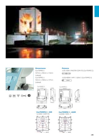 Dimensiones                Potencia
ConTEMPO 2                 1x70-150W / MASTER CDM-TD (ConTEMPO 2)
327mm x 346mm x 116mm
(cabezal)
ConTEMPO 3                 1x250-400W / HPI-T / SON-T (ConTEMPO 3)
425mm x 430mm x 137mm
(cabezal)

  ConTEMPO 2            ConTEMPO 3




 ConTEMPO 2 - SIM       ConTEMPO 3 - ASIM
 1x150W / CDM-TD        1x250W / SON - T




                                                                199
 