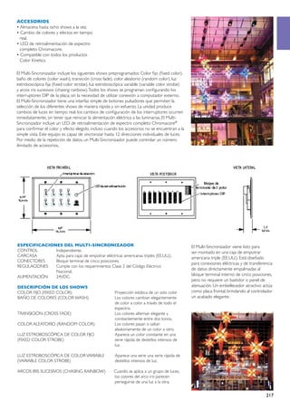 ACCESORIOS
• Almacena hasta ocho shows a la vez.
• Cambio de colores y efectos en tiempo
  real.
• LED de retroalimentación de espectro
  completo Chromacore.
• Compatible con todos los productos
  Color Kinetics.

El Multi-Sincronizador incluye los siguientes shows preprogramados: Color fijo (fixed color),
baño de colores (color wash), transición (cross fade), color aleatorio (random color), luz
estroboscópica fija (fixed color strobe), luz estroboscópica variable (variable color strobe)
y arcos iris sucesivos (chasing rainbow). Todos los shows se programan configurando los
interruptores DIP de la placa, sin la necesidad de utilizar conexión a computador externo.
El Multi-Sincronizador tiene una interfaz simple de botones pulsadores que permiten la
selección de los diferentes shows de manera rápida y sin esfuerzo. La unidad produce
cambios de luces en tiempo real; los cambios de configuración de los interruptores ocurren
inmediatamente, sin tener que reiniciar la alimentación eléctrica a las luminarias. El Multi-
Sincronizador incluye un LED de retroalimentación de espectro completo Chromacore®
para confirmar el color y efecto elegido, incluso cuando los accesorios no se encuentran a la
simple vista. Este equipo es capaz de sincronizar hasta 12 direcciones individuales de luces.
Por medio de la repetición de datos, un Multi-Sincronizador puede controlar un número
ilimitado de accesorios.




ESPECIFICACIONES DEL MULTI-SINCRONIZADOR                                                        El Multi-Sincronizador viene listo para
CONTROL	Independiente.                                                                          ser montado en una caja de empotrar
CARCASA	      Apta para cajas de empotrar eléctricas americanas triples (EE.UU.).
                                                                                                americana triple (EE.UU.). Está diseñado
CONECTORES	   Bloque terminal de cinco posiciones.
                                                                                                para conexiones eléctricas y de transferencia
REGULACIONES	 Cumple con los requerimientos Clase 2 del Código Eléctrico
                                                                                                de datos directamente empalmadas al
	Nacional.
ALIMENTACIÓN	24VDC.                                                                             bloque terminal interno de cinco posiciones,
                                                                                                pero no requiere un bastidor o panel de
DESCRIPCIÓN DE LOS SHOWS                                                                        atenuación. Un embellecedor atractivo actúa
COLOR FIJO (FIXED COLOR)	         Proyección estática de un solo color                          como placa frontal, brindando al controlador
BAÑO DE COLORES (COLOR WASH)	     Los colores cambian elegantemente                             un acabado elegante.
	                                 de color a color a través de todo el
	espectro.
TRANSICIÓN (CROSS FADE)	          Los colores alternan elegante y
	                                 constantemente entre dos tonos.
COLOR ALEATORIO (RANDOM COLOR)	   Los colores pasan o saltan
	                                 aleatoriamente de un color a otro.
LUZ ESTROBOSCÓPICA DE COLOR FIJO	 Aparece un color constante en una
(FIXED COLOR STROBE)	             serie rápida de destellos intensos de
	luz.

LUZ ESTROBOSCÓPICA DE COLOR VARIABLE	                 Aparece una serie una serie rápida de
(VARIABLE COLOR STROBE)	                              destellos intensos de luz.

ARCOS IRIS SUCESIVOS (CHASING RAINBOW)                Cuando se aplica a un grupo de luces,
	                                                     los colores del arco iris parecen
	                                                     perseguirse de una luz a la otra.


                                                                                                                                         217
 
