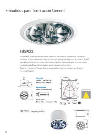 Embutidos para Iluminación General




        FBS900L
        Luminaria fija de embutir en cielorrasos para dos o tres lámparas fluorescentes compactas;
        estructura en acero galvanizada, reflector interno en aluminio de alta pureza; aro exterior en ABS
        inyectado color blanco con louver radial doble parabólico, antideslumbrante, en policarbonato
        metalizado plata. Disponible con balasto auxiliar standard o electrónico.
        Opcional en versión AP (equipo de emergencia autónomo permanente para una lámpara).
        www.luz.philips.com


                              Potencia                            3 x 26W/PLC
                              2 x 26W / MASTER PL-C
                              3 X26w / MASTER PL-C

                              Dimensiones
                              276mm (diámetro hueco).




                              Zócalo G24d-3.
                              Zócalo G24q-3 (emergencia / BE).




        FBS901L (versión plafón)




54
 