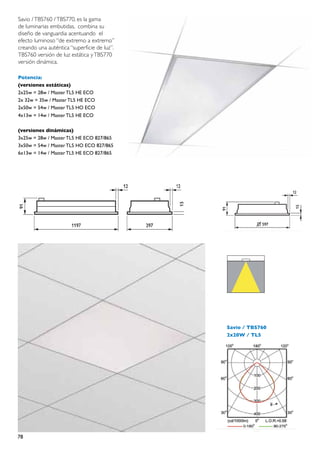 Savio / TBS760 / TBS770, es la gama
de luminarias embutidas, combina su
diseño de vanguardia acentuando el
efecto luminoso “de extremo a extremo”
creando una auténtica “superficie de luz”.
TBS760 versión de luz estática y TBS770
versión dinámica.

Potencia:
(versiones estáticas)
2x25w = 28w / Master TL5 HE ECO
2x 32w = 35w / Master TL5 HE ECO
2x50w = 54w / Master TL5 HO ECO
4x13w = 14w / Master TL5 HE ECO

(versiones dinámicas)
3x25w = 28w / Master TL5 HE ECO 827/865
3x50w = 54w / Master TL5 HO ECO 827/865
6x13w = 14w / Master TL5 HE ECO 827/865




                                             Savio / TBS760
                                             2x28W / TL5




78
 