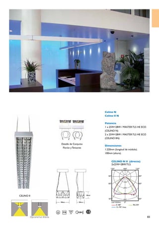 Celino N
                                                     Celino II N

                                                     Potencia
                                                     1 x 25W=28W / MASTER TL5 HE ECO
                                                     (CELINO N)
                                                     2 x 25W=28W / MASTER TL5 HE ECO
                                                     (CELINO IIN)
                                                      
                               Detalle de Conjunto
                                                     Dimensiones
                                Florón y Tensores
                                                     1.220mm (longitud de módulo).
                                                     100mm (altura).


                                                          CELINO N II (directo)
                                                          2x25W=28W/TL5.




CELINO II




        Opcional luz directa                                                           83
 