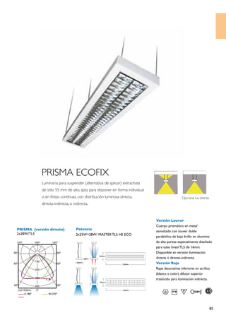 PRISMA ECOFIX
            Luminaria para suspender (alternativa de aplicar) extrachata
            de sólo 55 mm de alto, apta para disponer en forma individual
            o en líneas contínuas, con distribución luminosa directa,                         Opcional luz directa
            directa-indirecta, o indirecta. 



                                                                            Versión Louver
                                                                            Cuerpo prismático en metal
PRISMA (versión directo)           Potencia
                                                                            esmaltado con louver doble
2x28W/TL5                          2x25W=28W/ MASTER TL5 HE ECO
                                                                            parabólico de bajo brillo en aluminio
                                                                            de alta pureza especialmente diseñado
                                                                            para tubo lineal TL5 de 16mm.
                                                                            Disponible en versión iluminación
                                                                            directa ó directa-indirecta.
                                                                            Versión Raja
                                                                            Rajas decorativas inferiores en acrílico
                                                                            (blanco o color), difusor superior
                                                                            traslúcido para iluminación indirecta.




                                                                                                                     85
 