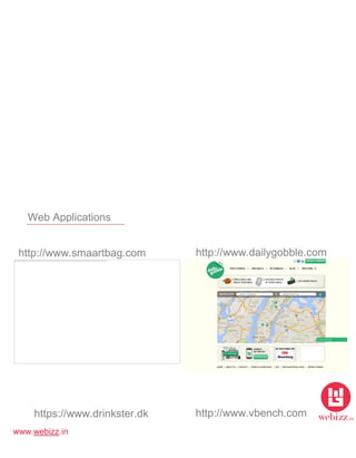 www.webizz.in
Web Applications
http://www.smaartbag.com http://www.dailygobble.com
https://www.drinkster.dk http://www.vbench.com
 