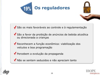 Os reguladores São os mais favoráveis ao controle e à regulamentação São a favor da proibição de anúncios de bebida alcoólica ou direcionada a crianças Reconhecem a função econômica: viabilização dos veículos e boa programação Percebem a evolução da propaganda 19% Não se sentem seduzidos e não apreciam tanto 