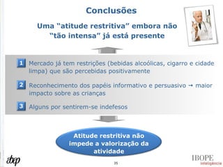 Conclusões Mercado já tem restrições (bebidas alcoólicas, cigarro e cidade limpa) que são percebidas positivamente 1 Uma “atitude restritiva” embora não “tão intensa” já está presente Reconhecimento dos papéis informativo e persuasivo    maior impacto sobre as crianças 2 Alguns por sentirem-se indefesos 3 Atitude restritiva não impede a valorização da atividade 