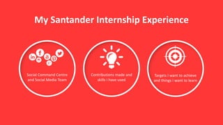 1
My Santander Internship Experience
Social Command Centre
and Social Media Team
Contributions made and
skills I have used
Targets I want to achieve
and things I want to learn
 