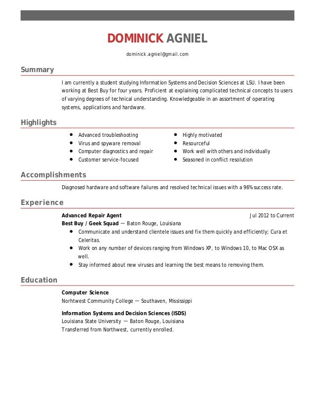 dominick agniel resume 1 geek squad resume