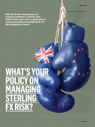 WHAT’SYOUR
POLICYON
MANAGING
STERLING
FXRISK?
With the Brexit vote looming and
volatility predicted in sterling rates
until at least June, now is a good time to
review your policy on managing FX risk.
Mary Sweetman reports.
013
SPRING 2016 | THE MARKET
COVER STORY
 