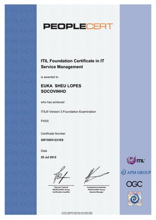 .
ITIL Foundation Certificate in IT
Service Management
who has achieved
Certificate Number
Date
is awarded to
Panorea Theleriti
PEOPLECERT Group
Certification Qualifier
Constantinos Kesentes
PEOPLECERT Group
General Manager
EUKA SHEU LOPES
SOCOVINHO
ITIL® Version 3 Foundation Examination
PASS
GR750031231ES
20 Jul 2012
ITIL® is a registered trade mark of the Cabinet Office
The Swirl logo™ is a trade mark of the Cabinet Office
 