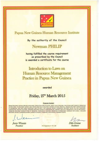 Introduction to Law on HRM Practice in PNG Certificate