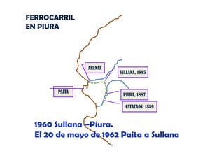 FERROCARRIL
EN PIURA

ARENAL

PAITA

SULLANA, 1885

PIURA, 1887
,
CATACAOS, 1889

1960 Sullana –Piura.
El 20 de mayo de 1962 Paita a Sullana
d
d
P it
S ll

 