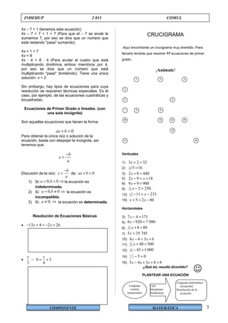 COMPONENTE MATEMÁTICA
INDEHUP 2 011 COMUL
4x – 7 = 1 (tenemos esta ecuación)
4x – 7 + 7 = 1 + 7 (Para que el – 7 se anule le
sumamos 7, por eso se dice que un numero que
está restando "pasa" sumando).
4x = 1 + 7
4x = 8
4x : 4 = 8 : 4 (Para anular el cuatro que está
multiplicando dividimos ambos miembros por 4,
por eso se dice que un número que está
multiplicando "pasa" dividiendo). Tiene una única
solución: x = 2.
Sin embargo, hay tipos de ecuaciones para cuya
resolución se requieren técnicas especiales. Es el
caso, por ejemplo, de las ecuaciones cuadráticas y
bicuadradas.
Ecuaciones de Primer Grado o lineales. (con
una sola incógnita)
Son aquellas ecuaciones que tienen la forma:
0ax b+ =
Para obtener la única raíz o solución de la
ecuación, basta con despejar la incógnita, así
tenemos que:
b
x
a
−
=
Discusión de la raíz:
b
x
a
−
= de; 0ax b+ =
1) Si: 0; 0a b= = ⇒ la ecuación es
indeterminada.
2) Si: 0; 0a b= ≠ ⇒ la ecuación es
incompatible.
3) Si: 0;a ≠ ⇒ la ecuación es determinada.
Resolución de Ecuaciones Básicas
• 13 4 2 26x x− + = − +
• 6 3
3 4
x x
− = +
CRUCIGRAMA
Aquí encontrarás un crucigrama muy divertido. Para
llenarlo tendrás que resolver 17 ecuaciones de primer
grado.
¡Anímate!
Verticales
1) 3 2 32x + =
2) 5 16x =
3) 2 8 440x + =
5) 2 9 18x x− = +
8) 9 9 900x + =
9) 1
4 2 250x − =
13) 3 11 233x x− = −
15) 5 2 80x x+ = −
Horizontales
3) 7 4 171x − =
4) 8 920 7 080x − =
6) 1
2 8 88x + =
7) 5 35 745x =
10) 4 4 3 6x x− = +
11) 5
2 40 500x + =
12) 9 43 1 000x − =
14) 7 5 0x
− =
16) 5 4 3 8 8x x x− + + =
¿Qué tal, resultó divertido?
PLANTEAR UNA ECUACIÓN
1 2 3
4
5 6
7 89
10
11
12 13
14
15
16

Lenguaje
común
(enunciado)
Leer
Interpretar
Simbolizar
Lenguaje matemático
(ecuación)
Resolución de la
ecuación.
3
 