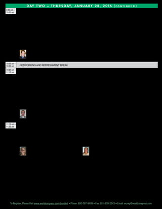 To Register, Please Visit www.worldcongress.com/bundled • Phone: 800-767-9499 • Fax: 781-939-2543 • Email: wcreg@worldcongress.comTo Register, Please Visit www.worldcongress.com/bundled • Phone: 800-767-9499 • Fax: 781-939-2543 • Email: wcreg@worldcongress.com
D AY T WO – Th u r s d ay, J a n u a ry 2 8 , 2 0 1 6 ( c o n t i n u e d )
9:25 am –
10:05 am Implement Best Practices in Care Planning, Patient Tracking, and Financial Analysis for Episode-Based Care
Conveners and Episode Initiators participating in the Bundled Payment Models must be able to track patient progress along the continuum of care.
This process involves four basic steps – Identify, Assess, Care Plan, and Track. Providers who have implemented this process have access to a real time
health status dashboard that identifies which patients are on track and which patients need attention.
•	Discuss ways to address the four main questions providers need to answer about the patients they’re caring for, and taking risk for, within a
bundled episode of care:
–	 Where is my patient today?		
– Are they on track with their care plan?
–	Are they on budget?			
– Do we need to intervene?
•	Hear how this approach leads to significant reductions in SNF stays and fewer hospital readmissions
•	Identify cost effective strategies for managing data analysis and creating care coordination teams
	 David P. Terry
Founder and Chief Executive Officer
Archway Health Advisors
10:05 am –
10:35 am Networking and Refreshment Break
10:35 am –
11:15 am Build Partnerships with Post-Acute Care Facilities to Coordinate Care and Manage Care Costs
A significant portion of Medicare costs within a bundling program model 2 and model 3 of BPCI come from outside of the hospital walls. In order for
awardee conveners, hospitals, and other risk takers to be successful, they must carefully consider their post-acute strategy. This can be complicated
given that some of these post-acute care settings are outside the health system’s ownership and collaboration requires extensive effort.
•	 Examine effective awardee convener outreach and engagement with post-acute care facilities including SNFs and Home Health
–	Determine the role of Nurse Navigators
–	 Establish effective communication and governance structure
•	Implement best practices to establish narrow networks of post-acute programs
–	Develop scorecards and profiles of relevant criteria			
–	Understand patient choice and beneficiary experience of care
•	Recognize challenges in post-acute care partnership development including substitution of alternative lower cost settings for higher cost settings, high
acuity patients, use of traditional Medicare clinical guidelines, and working with patients with behavioral and psychiatric conditions
	 John P. Perticone
Vice President, Strategic Partnerships
Golden Living
11:15 am –
11:55 am Establish Quality Measures to Evaluate Outcomes in Episode-Based Care
Care programs that are rooted in cost reduction often face a notable level of skepticism on the part of the provider. In order to improve provider buy-in,
systems must be able to demonstrate how bundles will improve overall outcomes for their patients.
•	 Examine how bundled payments programs engage patients in their care	
• Evaluate quality measurements to capture outcomes
•	Improve care coordination and post-acute care transition		
• Hear how bundles reduce unnecessary testing and relieve patient burden
	Carmen Alexander
Director, Bundled Payment Program
Health Choice Arizona, INC.
	 Denise A. McGinley, MSNAd, RN
Director, Center for Orthopaedic Innovation
St. Luke’s Medical Center
 