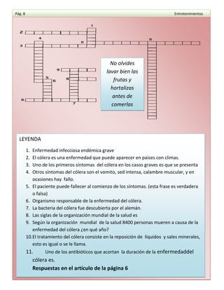 Pág. 8                                                                           Entretenimientos
                                   1.




                                                  No olvides
                                                lavar bien las
                                                   frutas y
                                                  hortalizas
                                                   antes de
                                                  comerlas




  LEYENDA
         1. Enfermedad infecciosa endémica grave
         2. El cólera es una enfermedad que puede aparecer en países con climas.
         3. Uno de los primeros síntomas del cólera en los casos graves es que se presenta
         4. Otros síntomas del cólera son el vomito, sed intensa, calambre muscular, y en
            ocasiones hay fallo.
         5. El paciente puede fallecer al comienzo de los síntomas. (esta frase es verdadera
            o falsa)
         6. Organismo responsable de la enfermedad del cólera.
         7. La bacteria del cólera fue descubierta por el alemán.
         8. Las siglas de la organización mundial de la salud es
         9. Según la organización mundial de la salud 8400 personas mueren a causa de la
            enfermedad del cólera ¿en qué año?
         10.El tratamiento del cólera consiste en la reposición de líquidos y sales minerales,
            esto es igual o se le llama.
         11.    Uno de los antibióticos que acortan la duración de la enfermedaddel
           cólera es.
           Respuestas en el artículo de la página 6
 