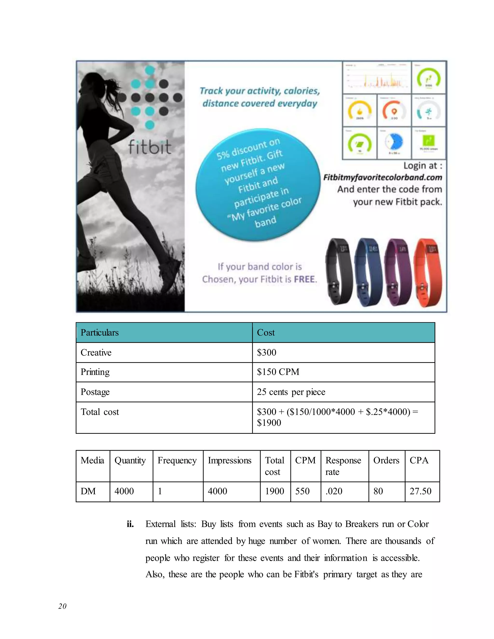 20
Particulars Cost
Creative $300
Printing $150 CPM
Postage 25 cents per piece
Total cost $300 + ($150/1000*4000 + $.25*4000) =
$1900
Media Quantity Frequency Impressions Total
cost
CPM Response
rate
Orders CPA
DM 4000 1 4000 1900 550 .020 80 27.50
ii. External lists: Buy lists from events such as Bay to Breakers run or Color
run which are attended by huge number of women. There are thousands of
people who register for these events and their information is accessible.
Also, these are the people who can be Fitbit's primary target as they are
 