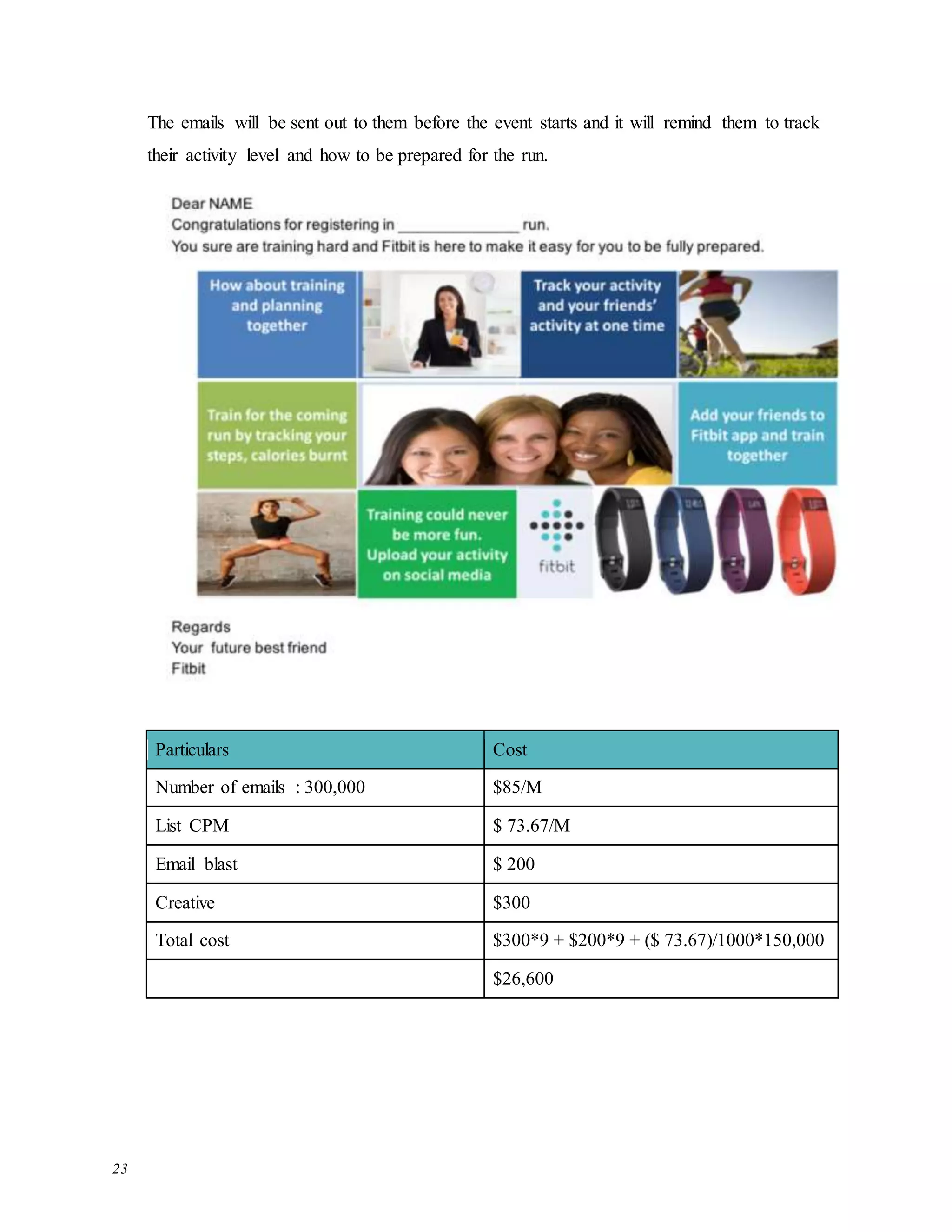 23
The emails will be sent out to them before the event starts and it will remind them to track
their activity level and how to be prepared for the run.
Particulars Cost
Number of emails : 300,000 $85/M
List CPM $ 73.67/M
Email blast $ 200
Creative $300
Total cost $300*9 + $200*9 + ($ 73.67)/1000*150,000
$26,600
 