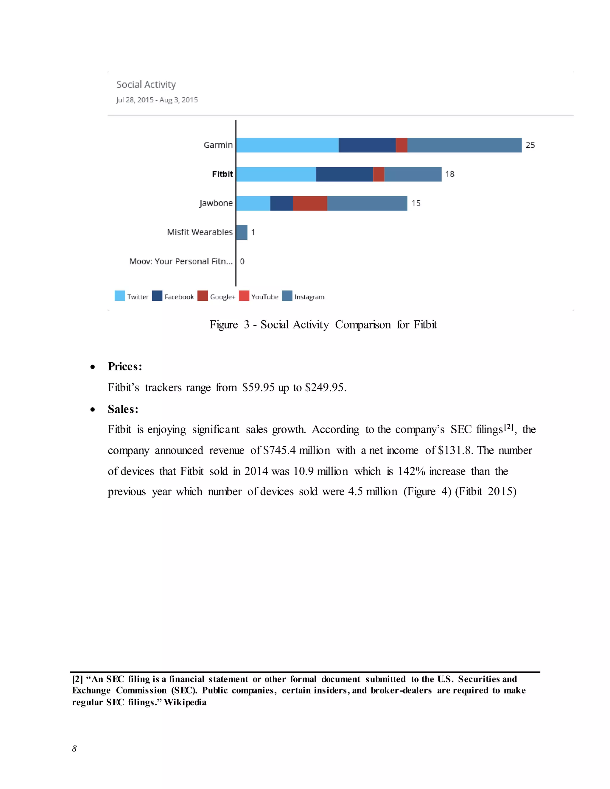 8
Figure 3 - Social Activity Comparison for Fitbit
 Prices:
Fitbit’s trackers range from $59.95 up to $249.95.
 Sales:
Fitbit is enjoying significant sales growth. According to the company’s SEC filings[2], the
company announced revenue of $745.4 million with a net income of $131.8. The number
of devices that Fitbit sold in 2014 was 10.9 million which is 142% increase than the
previous year which number of devices sold were 4.5 million (Figure 4) (Fitbit 2015)
[2] “An SEC filing is a financial statement or other formal document submitted to the U.S. Securities and
Exchange Commission (SEC). Public companies, certain insiders, and broker-dealers are required to make
regular SEC filings.” Wikipedia
 