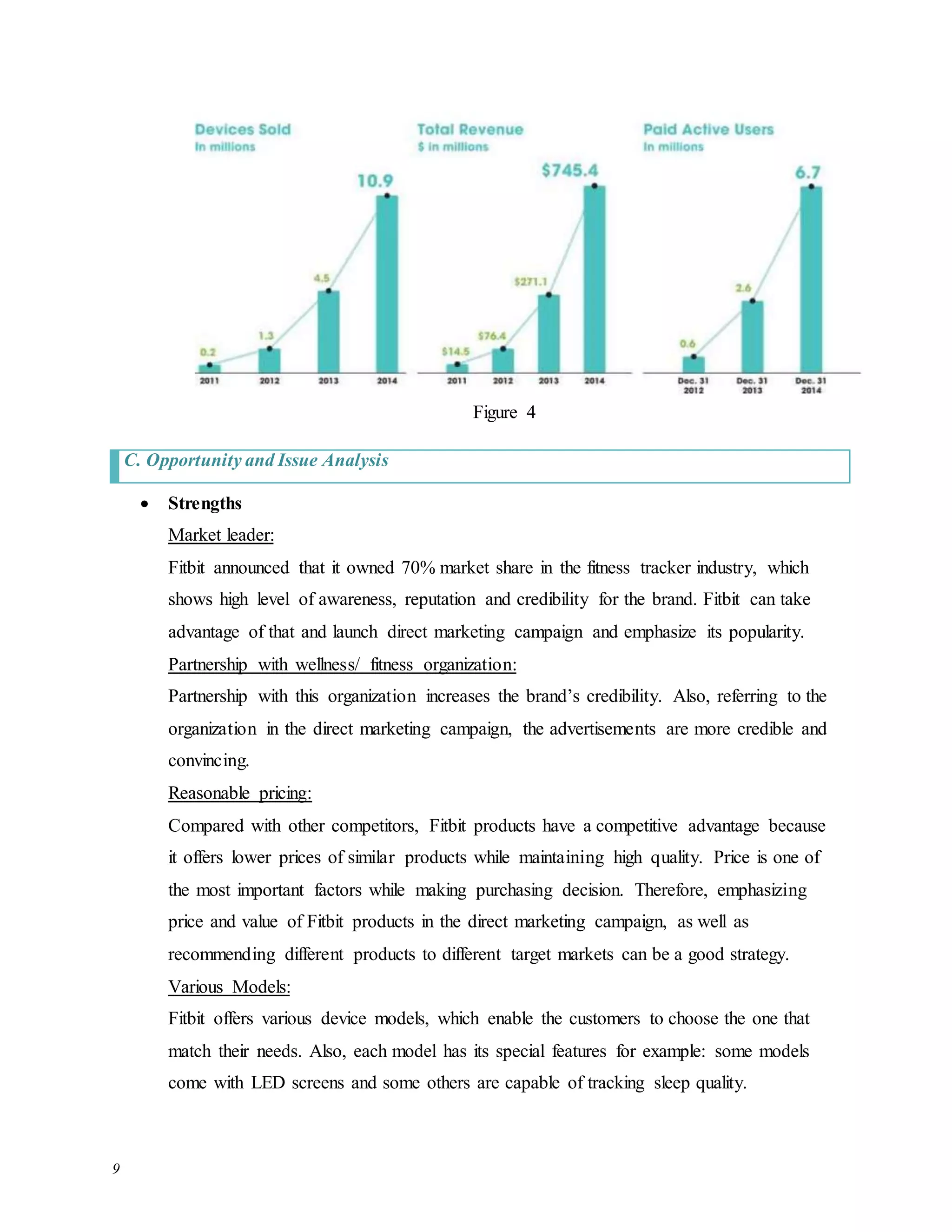 9
Figure 4
C. Opportunity and Issue Analysis
 Strengths
Market leader:
Fitbit announced that it owned 70% market share in the fitness tracker industry, which
shows high level of awareness, reputation and credibility for the brand. Fitbit can take
advantage of that and launch direct marketing campaign and emphasize its popularity.
Partnership with wellness/ fitness organization:
Partnership with this organization increases the brand’s credibility. Also, referring to the
organization in the direct marketing campaign, the advertisements are more credible and
convincing.
Reasonable pricing:
Compared with other competitors, Fitbit products have a competitive advantage because
it offers lower prices of similar products while maintaining high quality. Price is one of
the most important factors while making purchasing decision. Therefore, emphasizing
price and value of Fitbit products in the direct marketing campaign, as well as
recommending different products to different target markets can be a good strategy.
Various Models:
Fitbit offers various device models, which enable the customers to choose the one that
match their needs. Also, each model has its special features for example: some models
come with LED screens and some others are capable of tracking sleep quality.
 