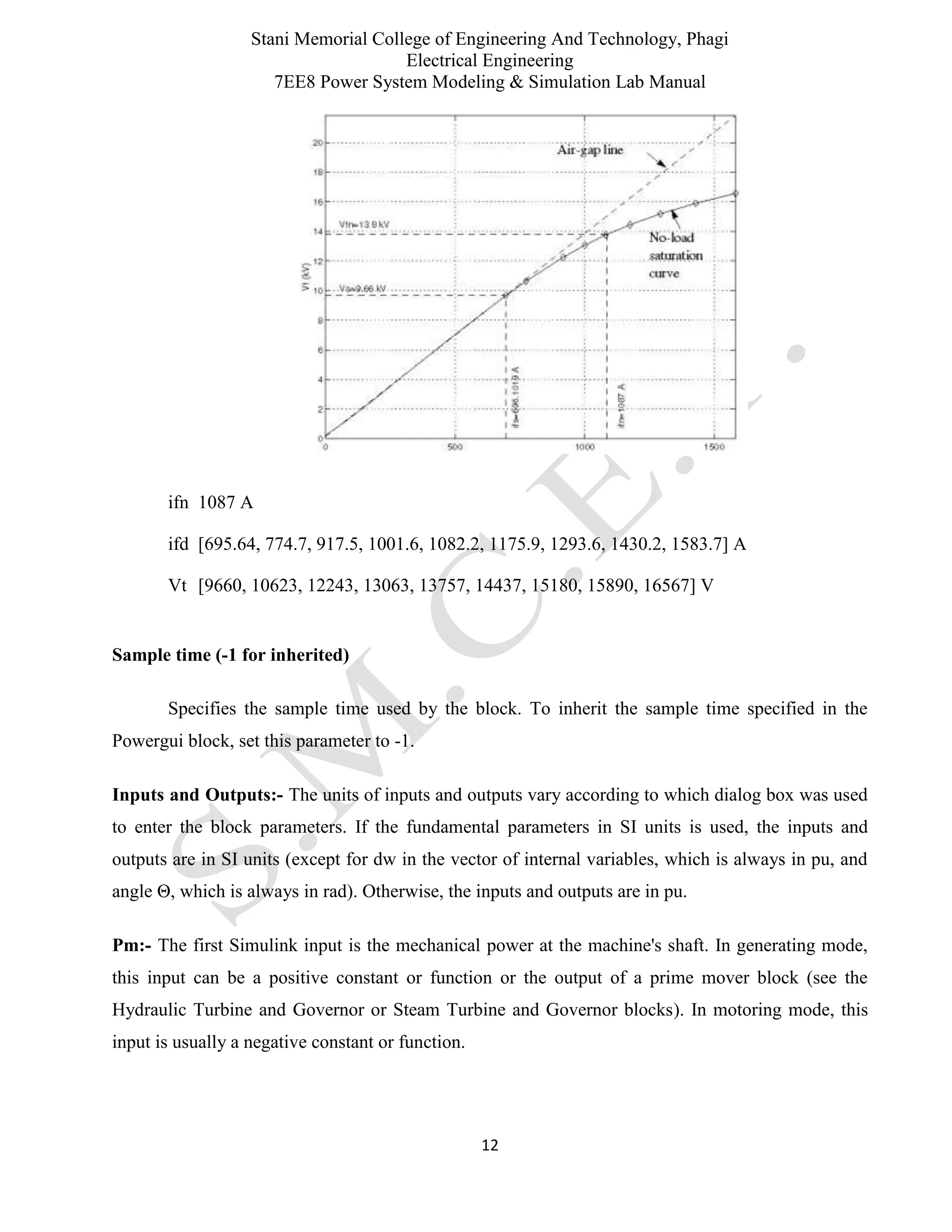 Stani Memorial College of Engineering And Technology, Phagi
Electrical Engineering
7EE8 Power System Modeling & Simulation Lab Manual
12
ifn 1087 A
ifd [695.64, 774.7, 917.5, 1001.6, 1082.2, 1175.9, 1293.6, 1430.2, 1583.7] A
Vt [9660, 10623, 12243, 13063, 13757, 14437, 15180, 15890, 16567] V
Sample time (-1 for inherited)
Specifies the sample time used by the block. To inherit the sample time specified in the
Powergui block, set this parameter to -1.
Inputs and Outputs:- The units of inputs and outputs vary according to which dialog box was used
to enter the block parameters. If the fundamental parameters in SI units is used, the inputs and
outputs are in SI units (except for dw in the vector of internal variables, which is always in pu, and
angle Θ, which is always in rad). Otherwise, the inputs and outputs are in pu.
Pm:- The first Simulink input is the mechanical power at the machine's shaft. In generating mode,
this input can be a positive constant or function or the output of a prime mover block (see the
Hydraulic Turbine and Governor or Steam Turbine and Governor blocks). In motoring mode, this
input is usually a negative constant or function.
 