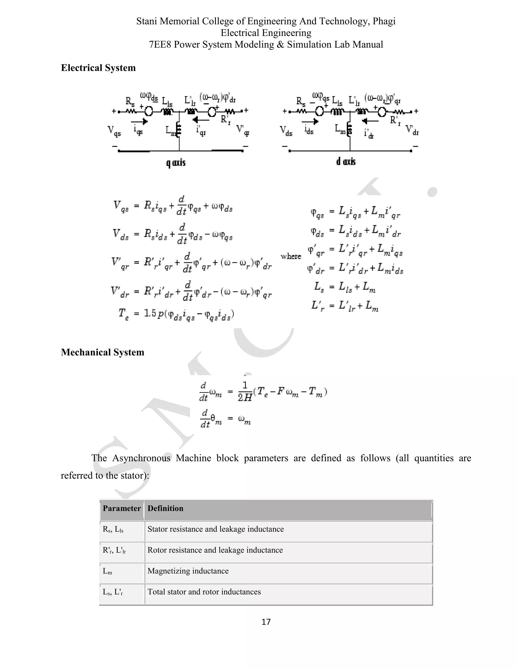 Stani Memorial College of Engineering And Technology, Phagi
Electrical Engineering
7EE8 Power System Modeling & Simulation Lab Manual
17
Electrical System
Mechanical System
The Asynchronous Machine block parameters are defined as follows (all quantities are
referred to the stator):
Parameter Definition
Rs, Lls Stator resistance and leakage inductance
R'r, L'lr Rotor resistance and leakage inductance
Lm Magnetizing inductance
Ls, L'r Total stator and rotor inductances
 