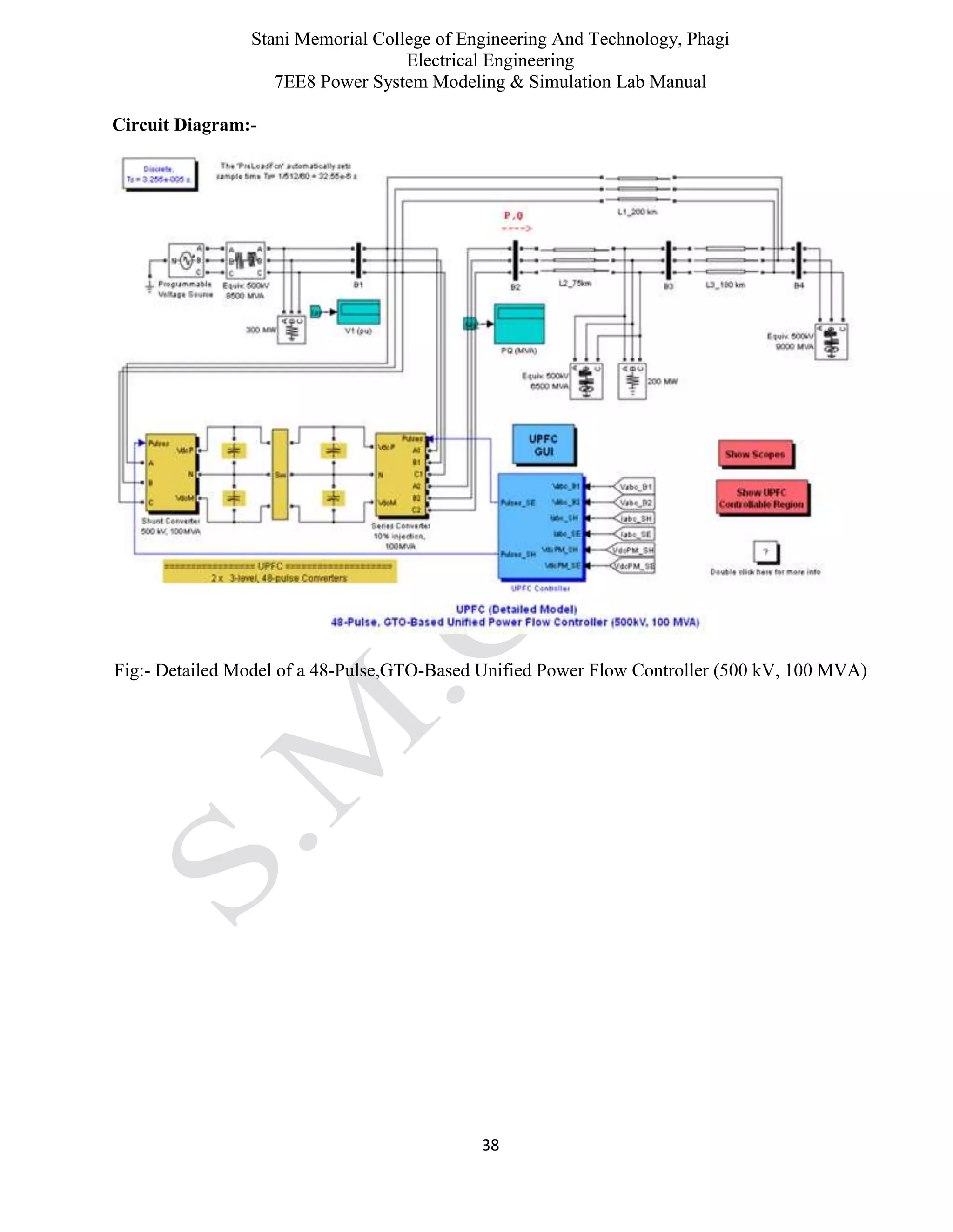 Stani Memorial College of Engineering And Technology, Phagi
Electrical Engineering
7EE8 Power System Modeling & Simulation Lab Manual
38
Circuit Diagram:-
Fig:- Detailed Model of a 48-Pulse,GTO-Based Unified Power Flow Controller (500 kV, 100 MVA)
 