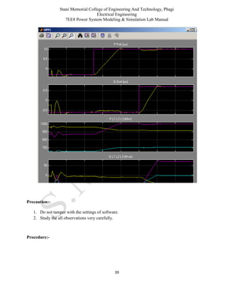 Stani Memorial College of Engineering And Technology, Phagi
Electrical Engineering
7EE8 Power System Modeling & Simulation Lab Manual
39
Precaution:-
1. Do not tamper with the settings of software.
2. Study the all observations very carefully.
Procedure:-
 