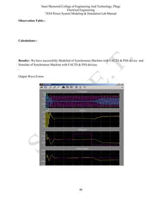 Stani Memorial College of Engineering And Technology, Phagi
Electrical Engineering
7EE8 Power System Modeling & Simulation Lab Manual
40
Observation Table:-
Calculations:-
Results:- We have successfully Modelied of Synchronous Machine with FACTS & PSS device and
Simulate of Synchronous Machine with FACTS & PSS devices.
.
Output Wave Forms
 