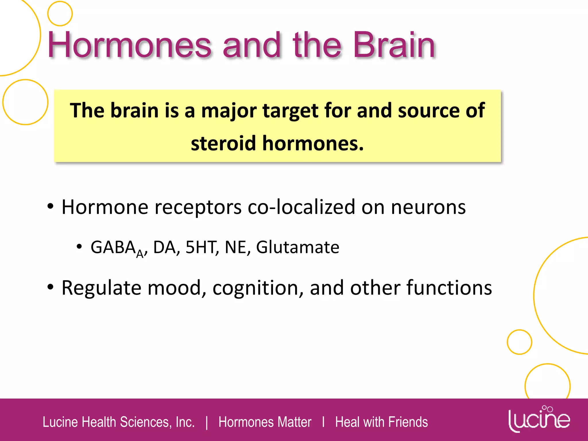 Lucine Health Sciences, Inc. | Hormones Matter I Heal with Friends
Hormones and the Brain
• Hormone receptors co-localized on neurons
• GABAA, DA, 5HT, NE, Glutamate
• Regulate mood, cognition, and other functions
The brain is a major target for and source of
steroid hormones.
 