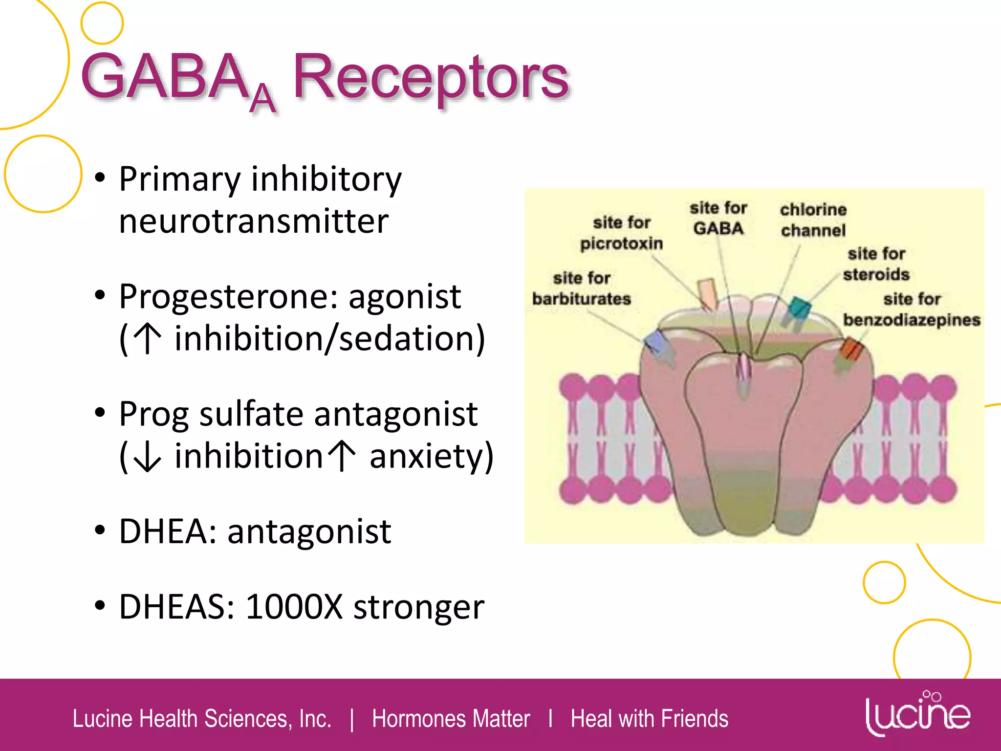 Lucine Health Sciences, Inc. | Hormones Matter I Heal with Friends
GABAA Receptors
• Primary inhibitory
neurotransmitter
• Progesterone: agonist
(↑ inhibition/sedation)
• Prog sulfate antagonist
(↓ inhibition↑ anxiety)
• DHEA: antagonist
• DHEAS: 1000X stronger
 