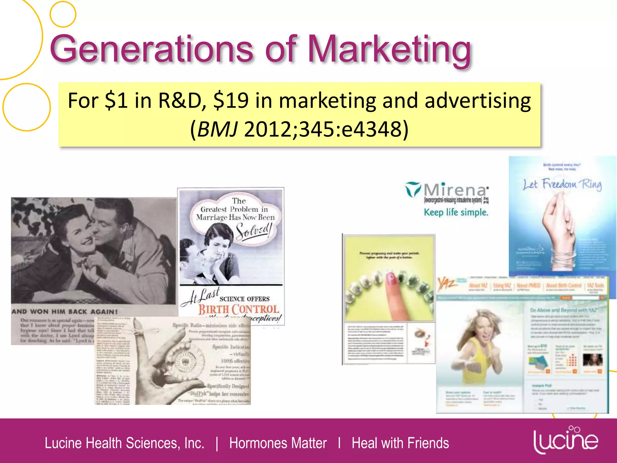 Lucine Health Sciences, Inc. | Hormones Matter I Heal with Friends
Generations of Marketing
For $1 in R&D, $19 in marketing and advertising
(BMJ 2012;345:e4348)
 