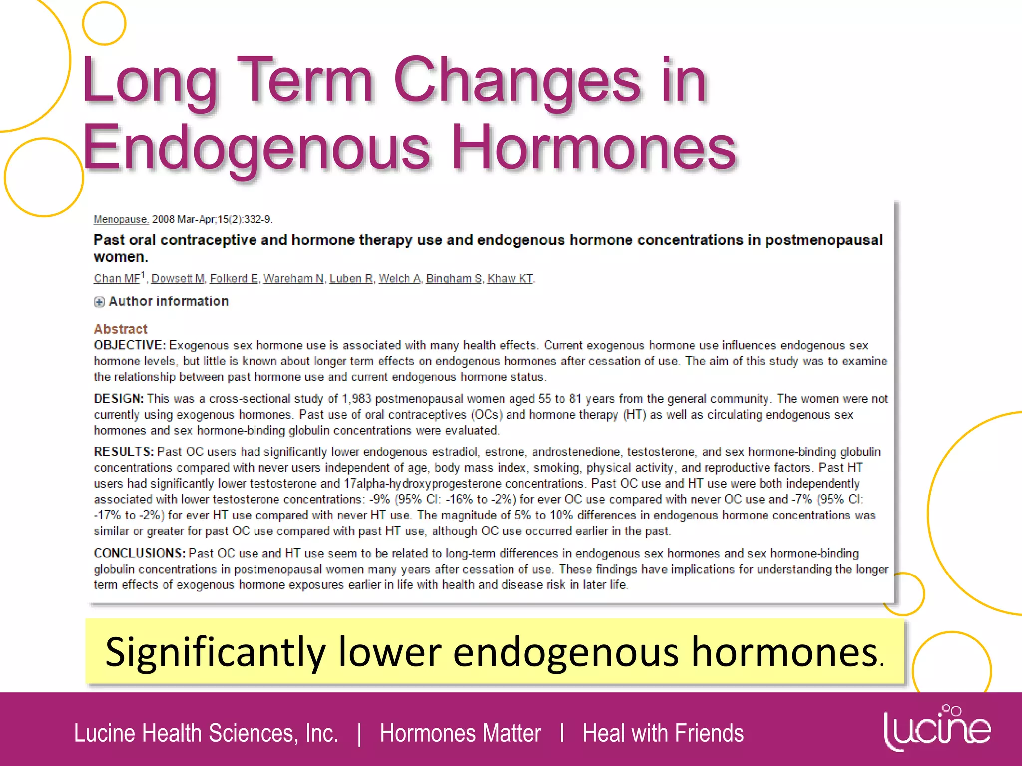 Lucine Health Sciences, Inc. | Hormones Matter I Heal with Friends
Long Term Changes in
Endogenous Hormones
Significantly lower endogenous hormones.
 