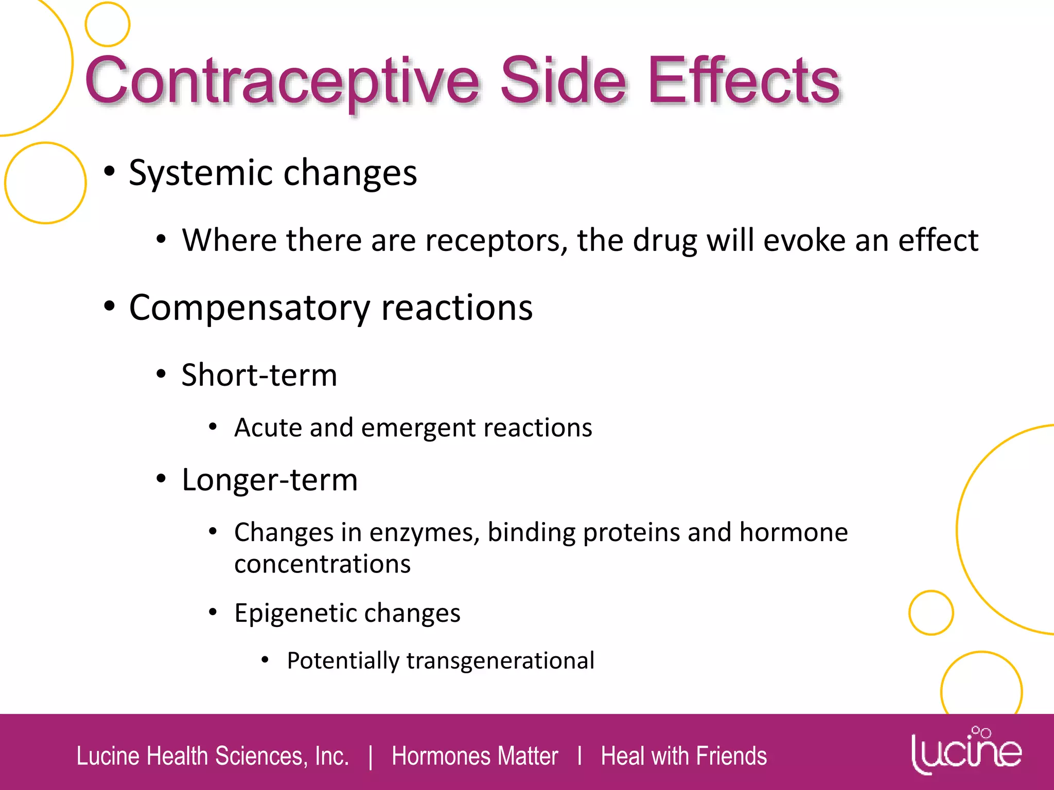 Lucine Health Sciences, Inc. | Hormones Matter I Heal with Friends
Contraceptive Side Effects
• Systemic changes
• Where there are receptors, the drug will evoke an effect
• Compensatory reactions
• Short-term
• Acute and emergent reactions
• Longer-term
• Changes in enzymes, binding proteins and hormone
concentrations
• Epigenetic changes
• Potentially transgenerational
 