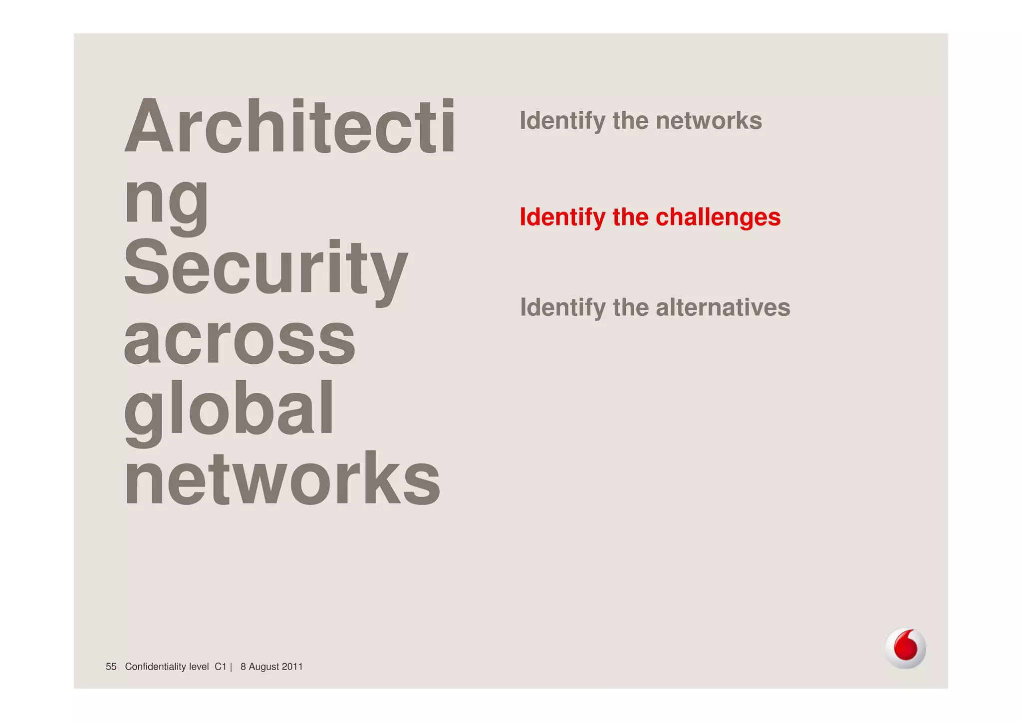 Confidentiality level C1 | 8 August 201155
Architecti
ng
Security
across
global
networks
Identify the networks
Identify the challenges
Identify the alternatives
 