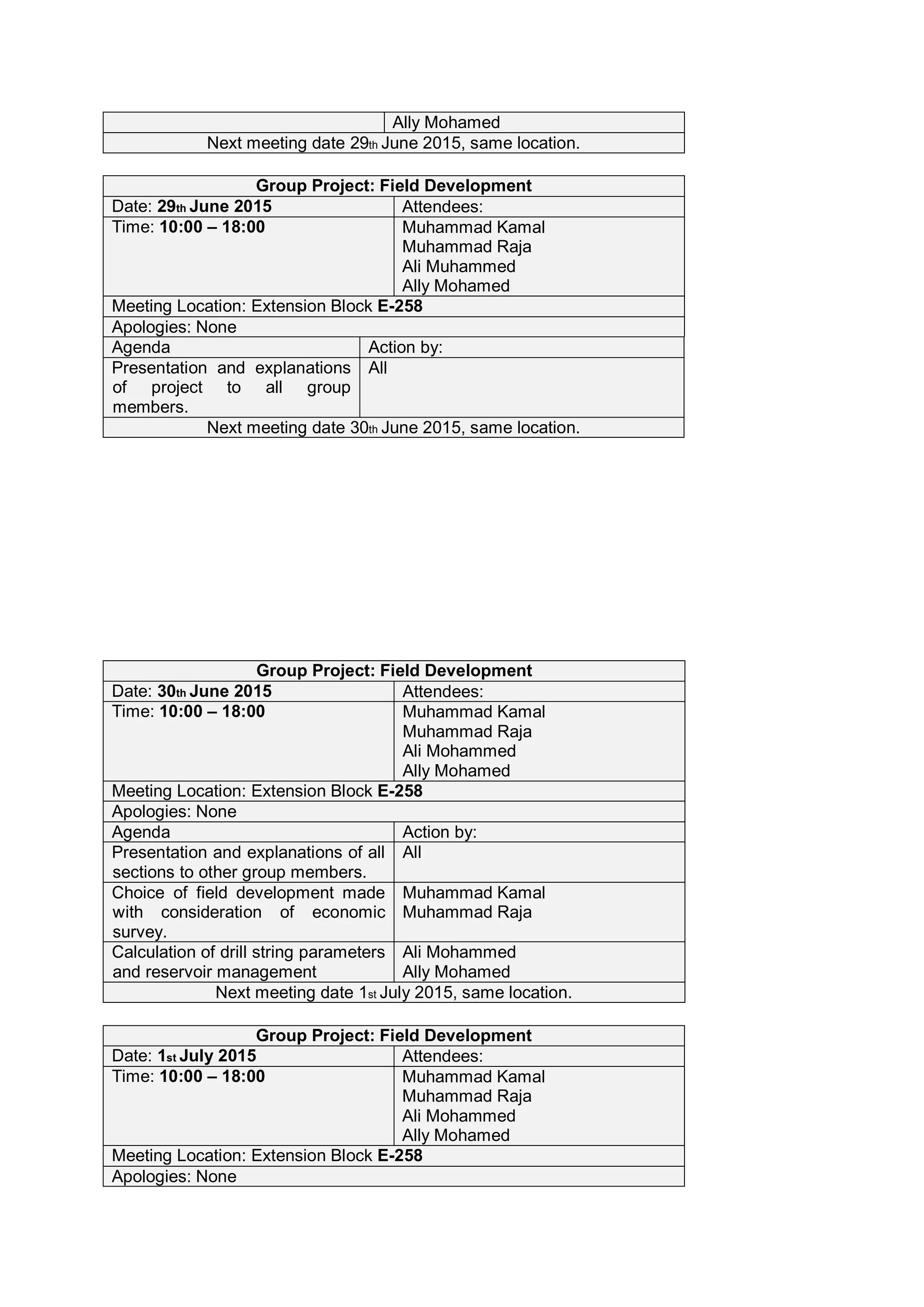 Ally Mohamed
Next meeting date 29th June 2015, same location.
Group Project: Field Development
Date: 29th June 2015 Attendees:
Time: 10:00 – 18:00 Muhammad Kamal
Muhammad Raja
Ali Muhammed
Ally Mohamed
Meeting Location: Extension Block E-258
Apologies: None
Agenda Action by:
Presentation and explanations
of project to all group
members.
All
Next meeting date 30th June 2015, same location.
Group Project: Field Development
Date: 30th June 2015 Attendees:
Time: 10:00 – 18:00 Muhammad Kamal
Muhammad Raja
Ali Mohammed
Ally Mohamed
Meeting Location: Extension Block E-258
Apologies: None
Agenda Action by:
Presentation and explanations of all
sections to other group members.
All
Choice of field development made
with consideration of economic
survey.
Muhammad Kamal
Muhammad Raja
Calculation of drill string parameters
and reservoir management
Ali Mohammed
Ally Mohamed
Next meeting date 1st July 2015, same location.
Group Project: Field Development
Date: 1st July 2015 Attendees:
Time: 10:00 – 18:00 Muhammad Kamal
Muhammad Raja
Ali Mohammed
Ally Mohamed
Meeting Location: Extension Block E-258
Apologies: None
 