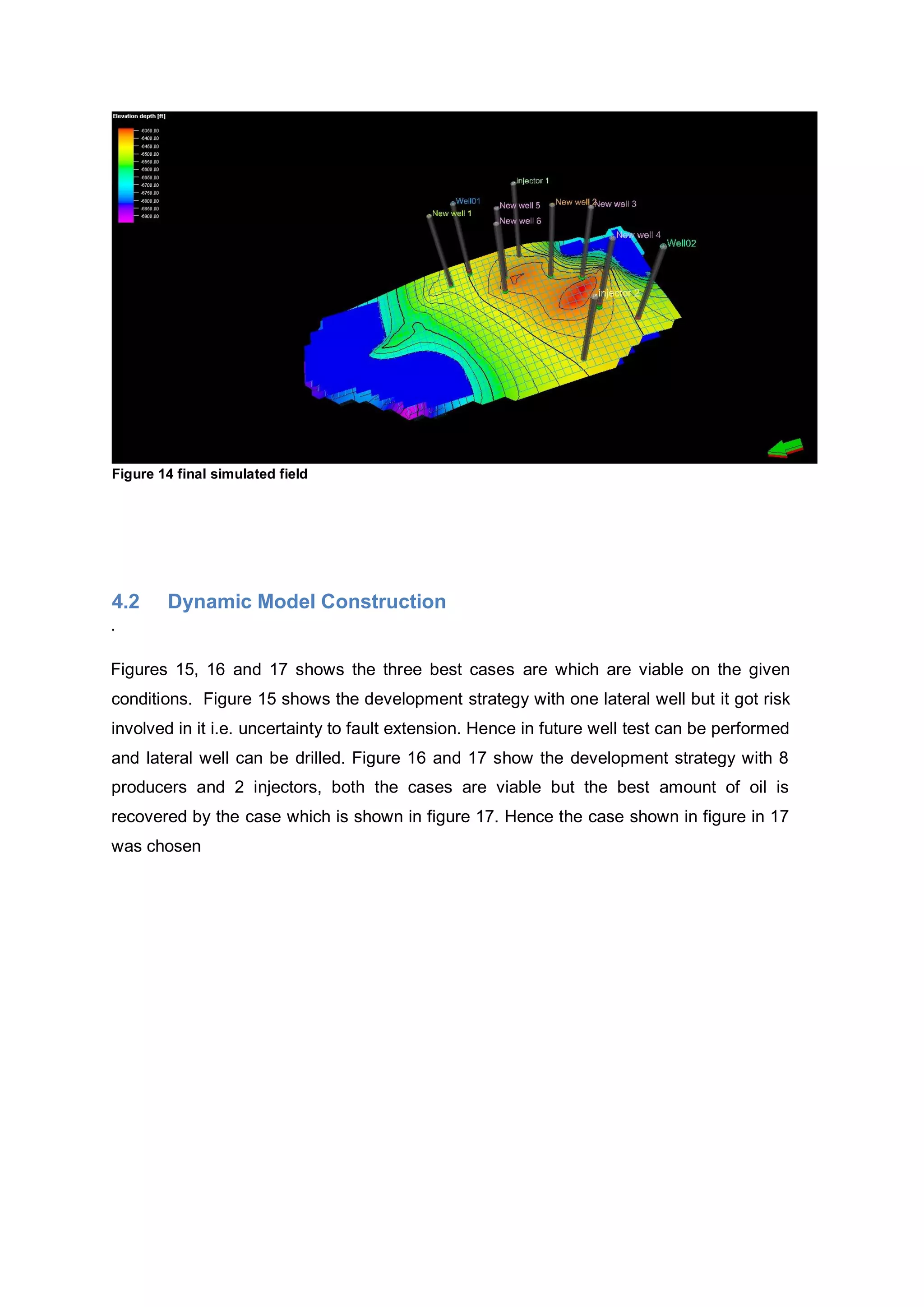 Figure 14 final simulated field
4.2 Dynamic Model Construction
.
Figures 15, 16 and 17 shows the three best cases are which are viable on the given
conditions. Figure 15 shows the development strategy with one lateral well but it got risk
involved in it i.e. uncertainty to fault extension. Hence in future well test can be performed
and lateral well can be drilled. Figure 16 and 17 show the development strategy with 8
producers and 2 injectors, both the cases are viable but the best amount of oil is
recovered by the case which is shown in figure 17. Hence the case shown in figure in 17
was chosen
 