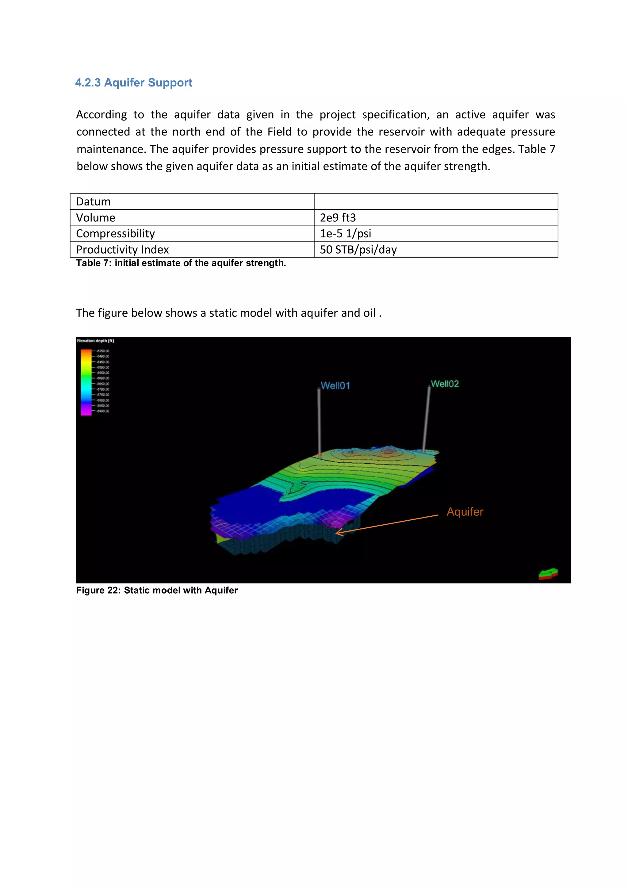 4.2.3 Aquifer Support
According to the aquifer data given in the project specification, an active aquifer was
connected at the north end of the Field to provide the reservoir with adequate pressure
maintenance. The aquifer provides pressure support to the reservoir from the edges. Table 7
below shows the given aquifer data as an initial estimate of the aquifer strength.
Datum
Volume 2e9 ft3
Compressibility 1e-5 1/psi
Productivity Index 50 STB/psi/day
Table 7: initial estimate of the aquifer strength.
The figure below shows a static model with aquifer and oil .
Figure 22: Static model with Aquifer
Aquifer
 