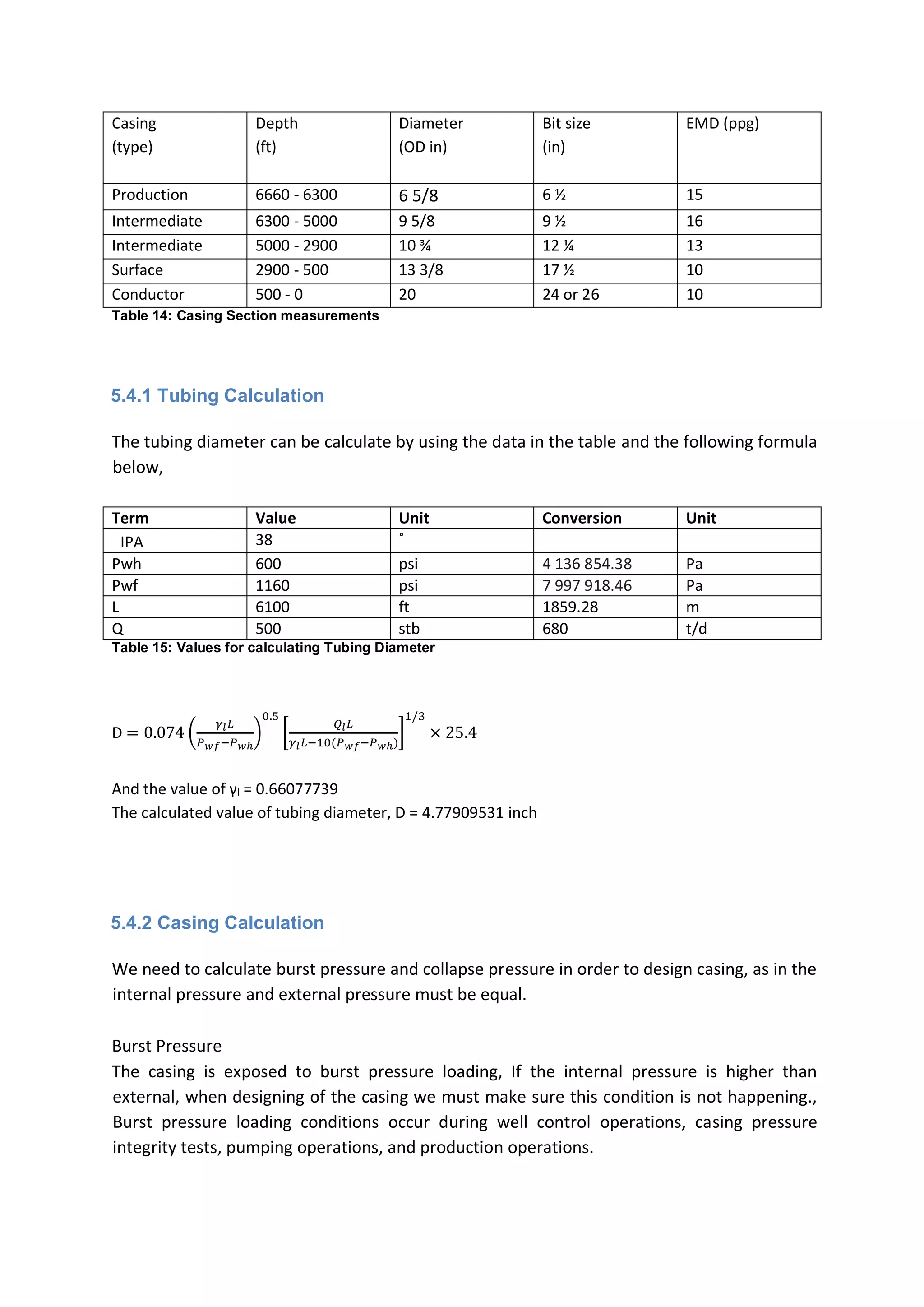 Casing
(type)
Depth
(ft)
Diameter
(OD in)
Bit size
(in)
EMD (ppg)
Production 6660 - 6300 6 5/8 6 ½ 15
Intermediate 6300 - 5000 9 5/8 9 ½ 16
Intermediate 5000 - 2900 10 ¾ 12 ¼ 13
Surface 2900 - 500 13 3/8 17 ½ 10
Conductor 500 - 0 20 24 or 26 10
Table 14: Casing Section measurements
5.4.1 Tubing Calculation
The tubing diameter can be calculate by using the data in the table and the following formula
below,
Term Value Unit Conversion Unit
IPA 38 ˚
Pwh 600 psi 4 136 854.38 Pa
Pwf 1160 psi 7 997 918.46 Pa
L 6100 ft 1859.28 m
Q 500 stb 680 t/d
Table 15: Values for calculating Tubing Diameter
D = 0.074 (
𝛾𝑙 𝐿
𝑃 𝑤𝑓−𝑃 𝑤ℎ
)
0.5
[
𝑄𝑙 𝐿
𝛾𝑙 𝐿−10(𝑃 𝑤𝑓−𝑃 𝑤ℎ)
]
1/3
× 25.4
And the value of γl = 0.66077739
The calculated value of tubing diameter, D = 4.77909531 inch
5.4.2 Casing Calculation
We need to calculate burst pressure and collapse pressure in order to design casing, as in the
internal pressure and external pressure must be equal.
Burst Pressure
The casing is exposed to burst pressure loading, If the internal pressure is higher than
external, when designing of the casing we must make sure this condition is not happening.,
Burst pressure loading conditions occur during well control operations, casing pressure
integrity tests, pumping operations, and production operations.
 